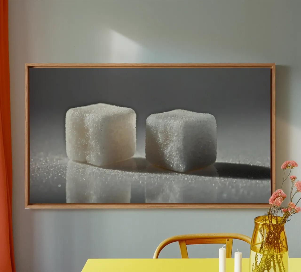 Two sugar cubes on a reflective surface with soft lighting canvas by DesignDoodle