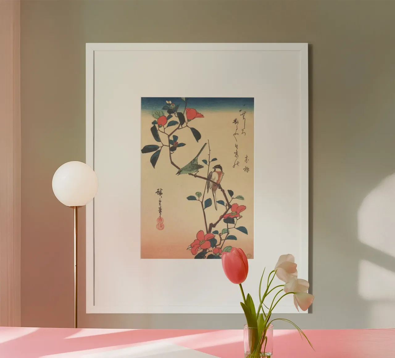 Occhio bianco e cinciallegra giapponese su un ramo di camelia poster da Wirla