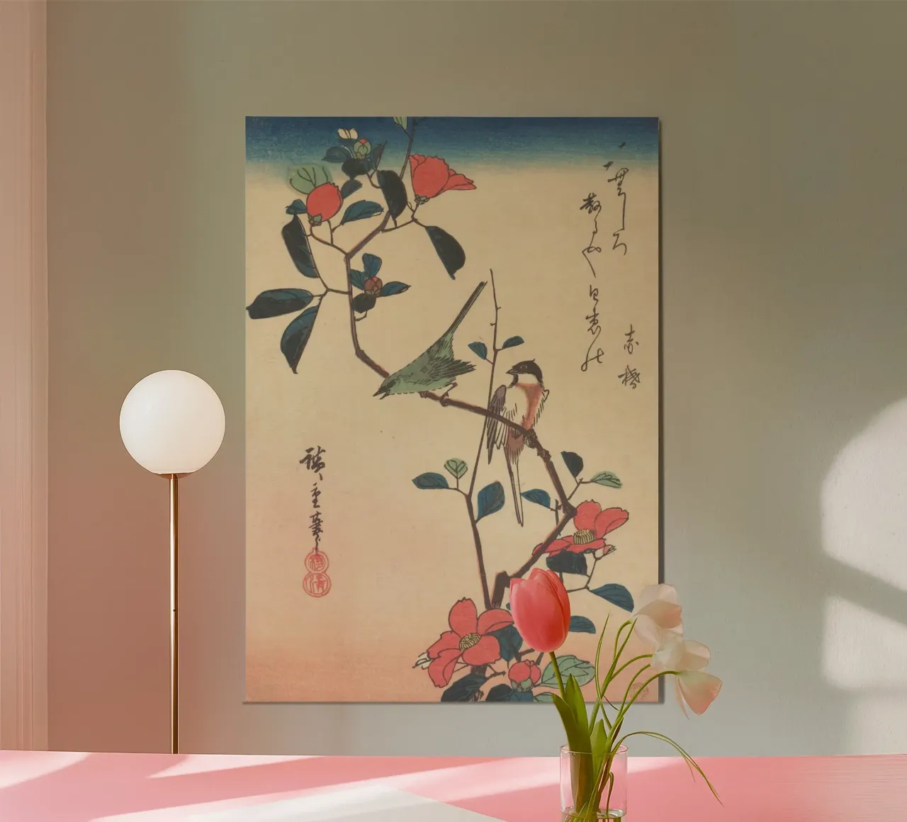 Occhio bianco e cinciallegra giapponese su un ramo di camelia poster da Wirla