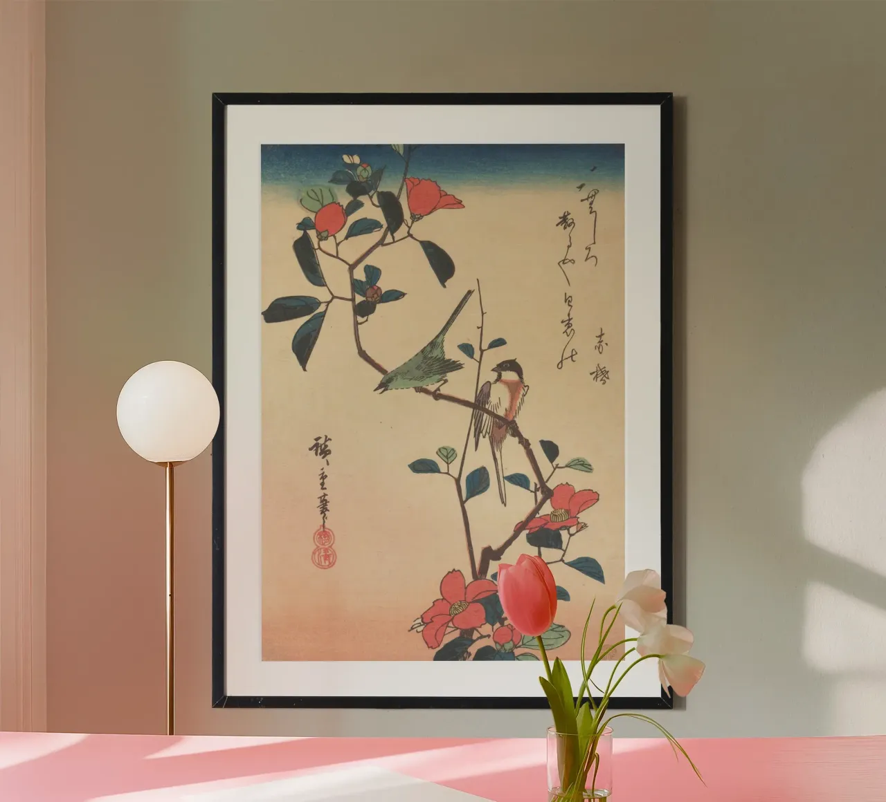 Occhio bianco e cinciallegra giapponese su un ramo di camelia poster da Wirla