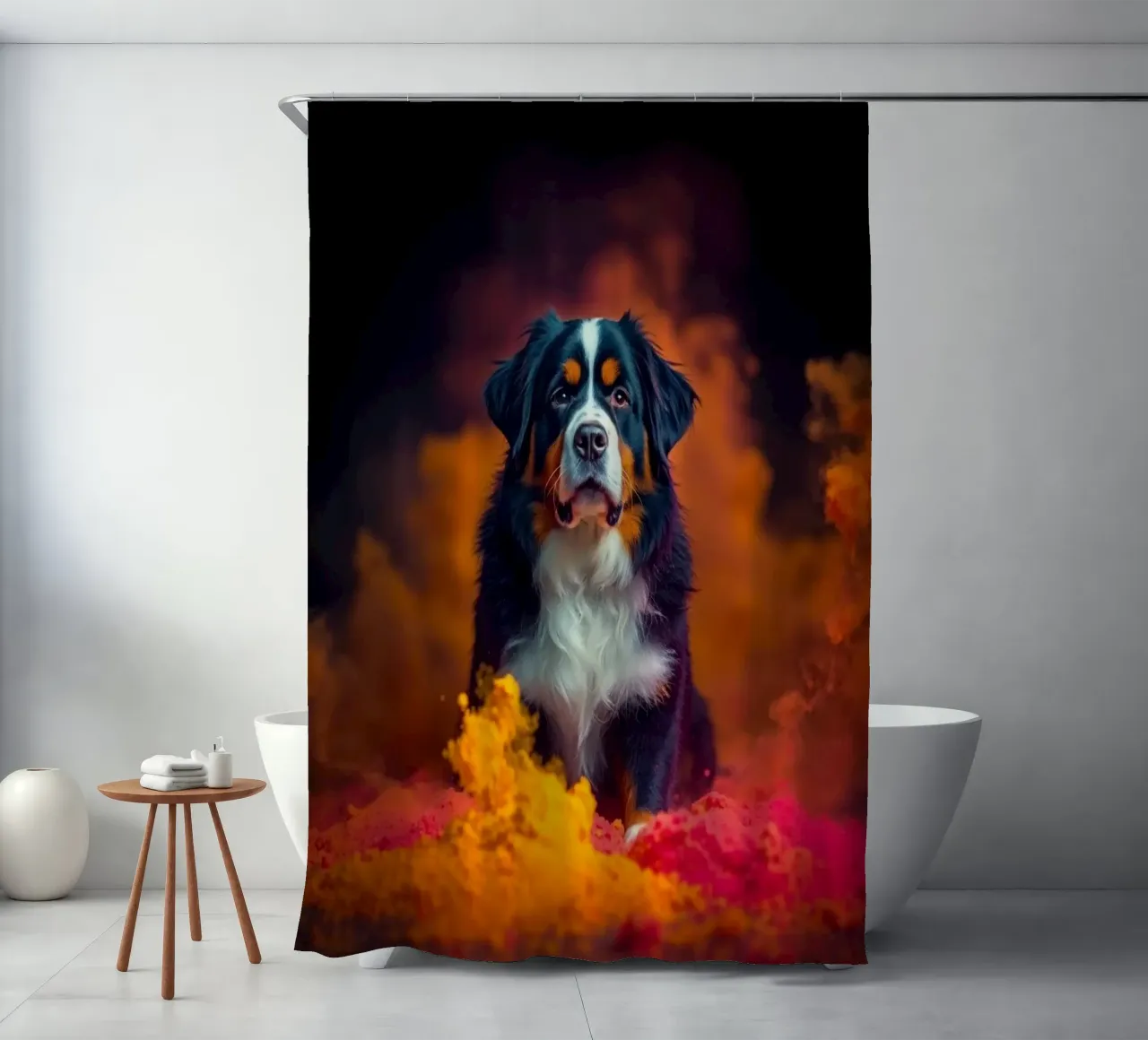 The colorful Bernese Mountain Dog #131 shower curtain by Yumis.Beargang.and.Me