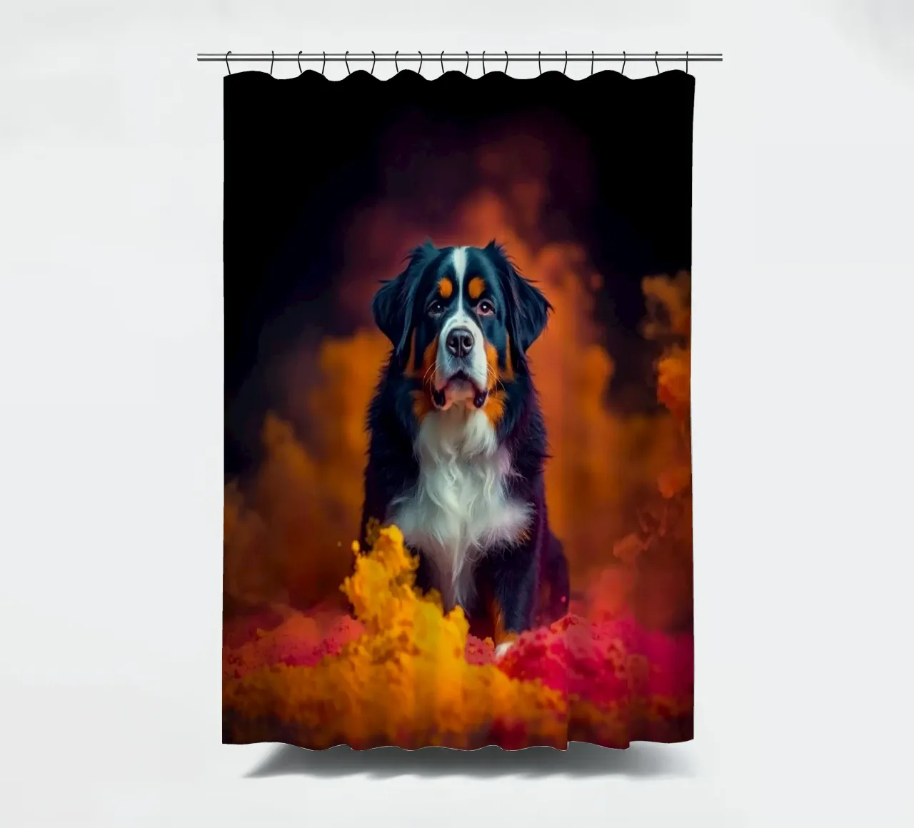 The colorful Bernese Mountain Dog #131 shower curtain by Yumis.Beargang.and.Me