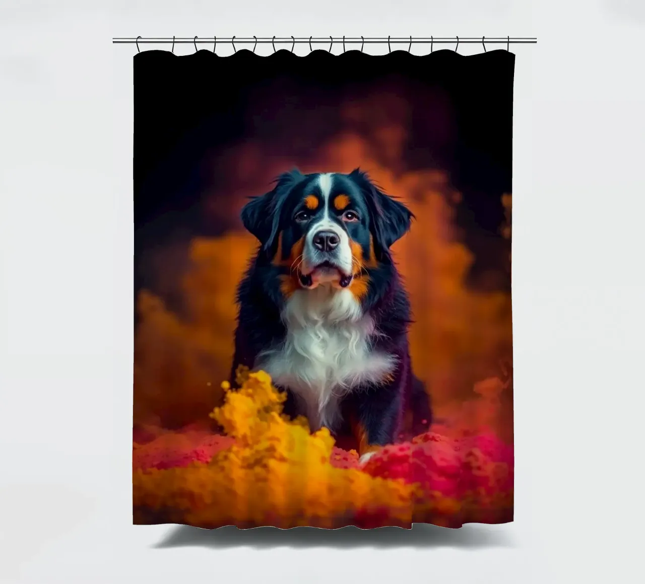 The colorful Bernese Mountain Dog #131 shower curtain by Yumis.Beargang.and.Me