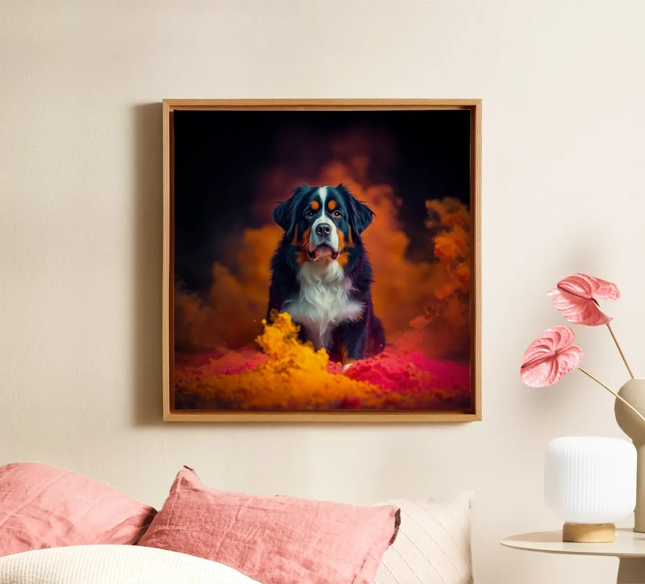The colorful Bernese Mountain Dog #131 canvas with Floater frame by Yumis.Beargang.and.Me