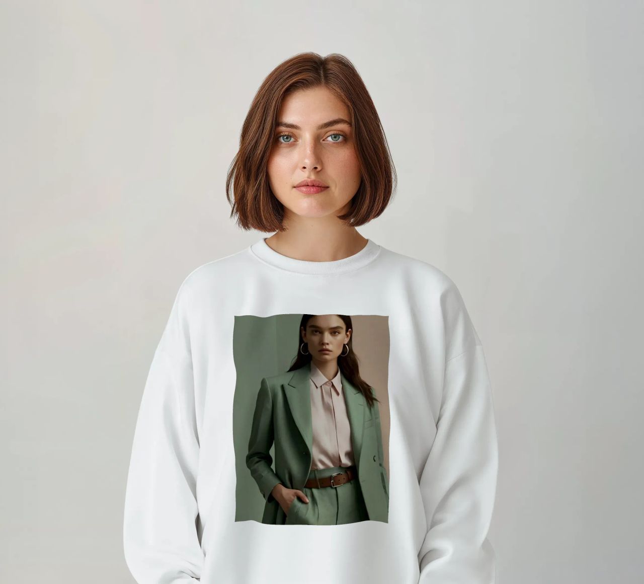 Modèle élégant portant un tailleur vert avec un chemisier rose clair sweat de DesignDoodle