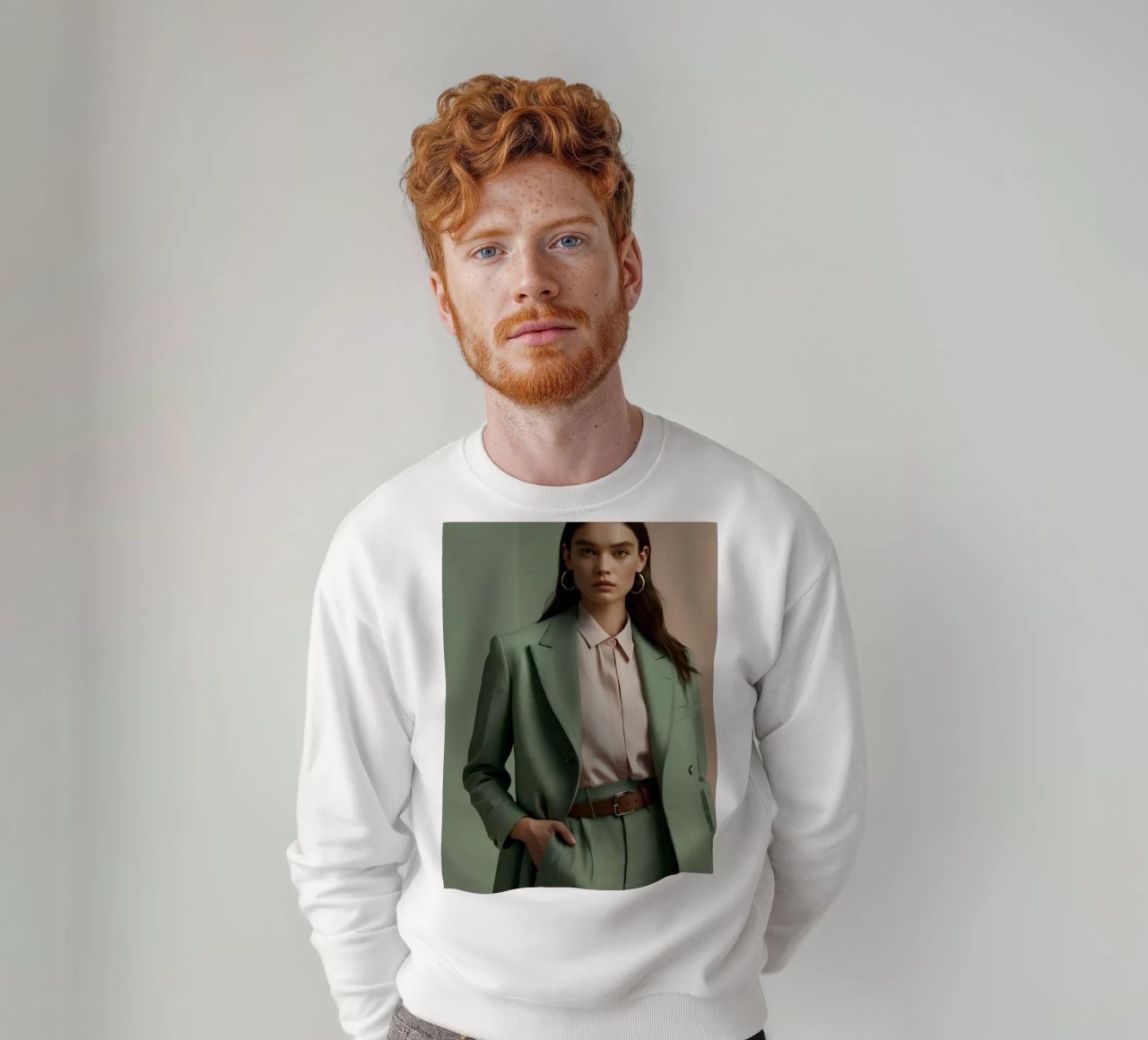 Modèle élégant portant un tailleur vert avec un chemisier rose clair sweat de DesignDoodle