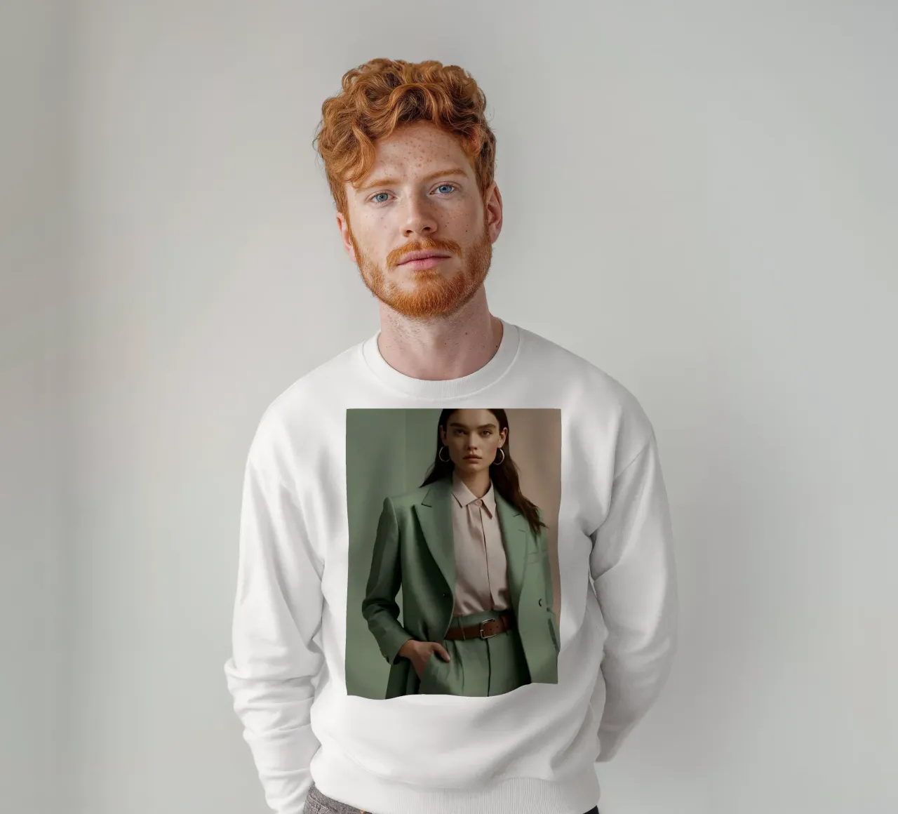 Elegante modelo con traje verde y blusa rosa claro sudadera de DesignDoodle