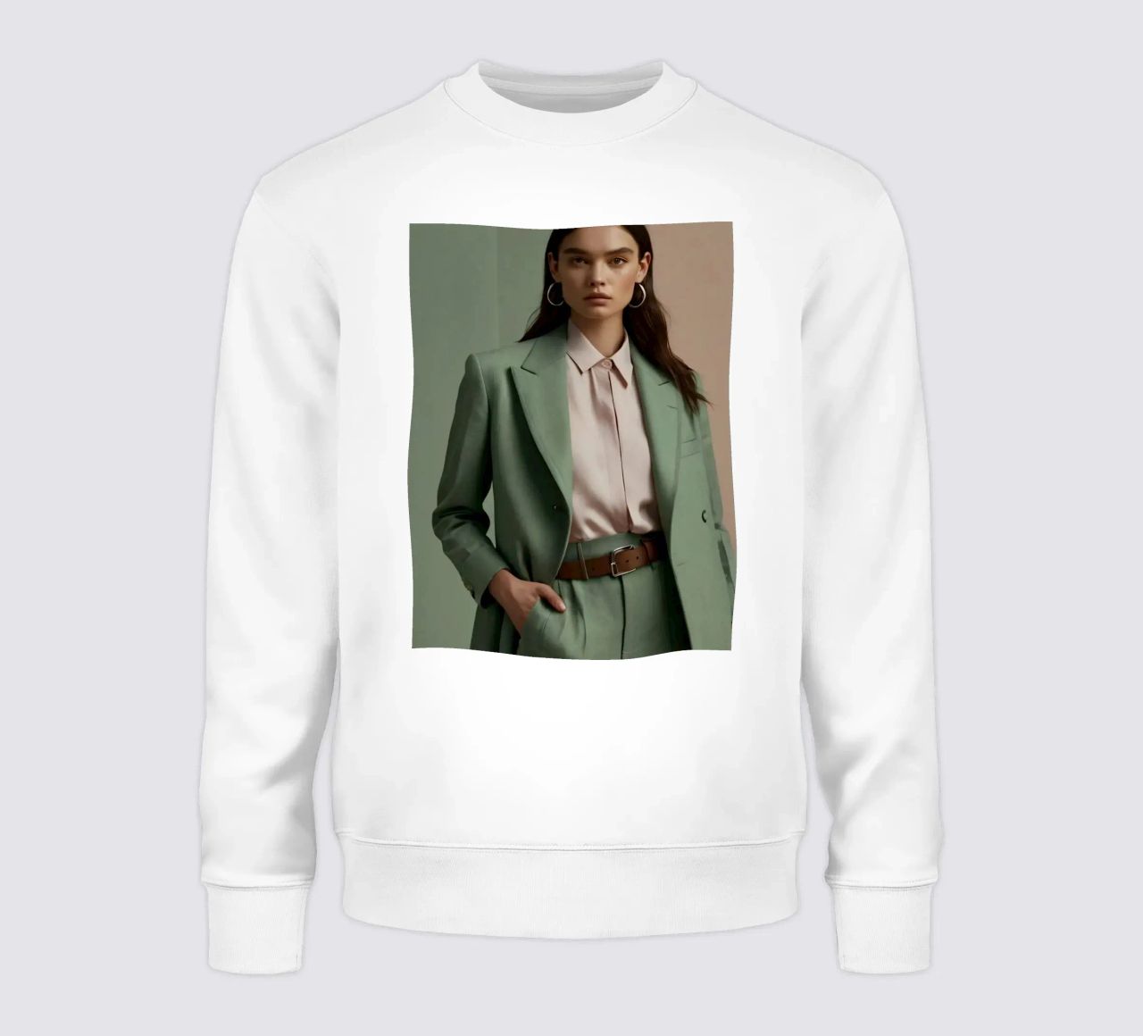 Modèle élégant portant un tailleur vert avec un chemisier rose clair sweat de DesignDoodle