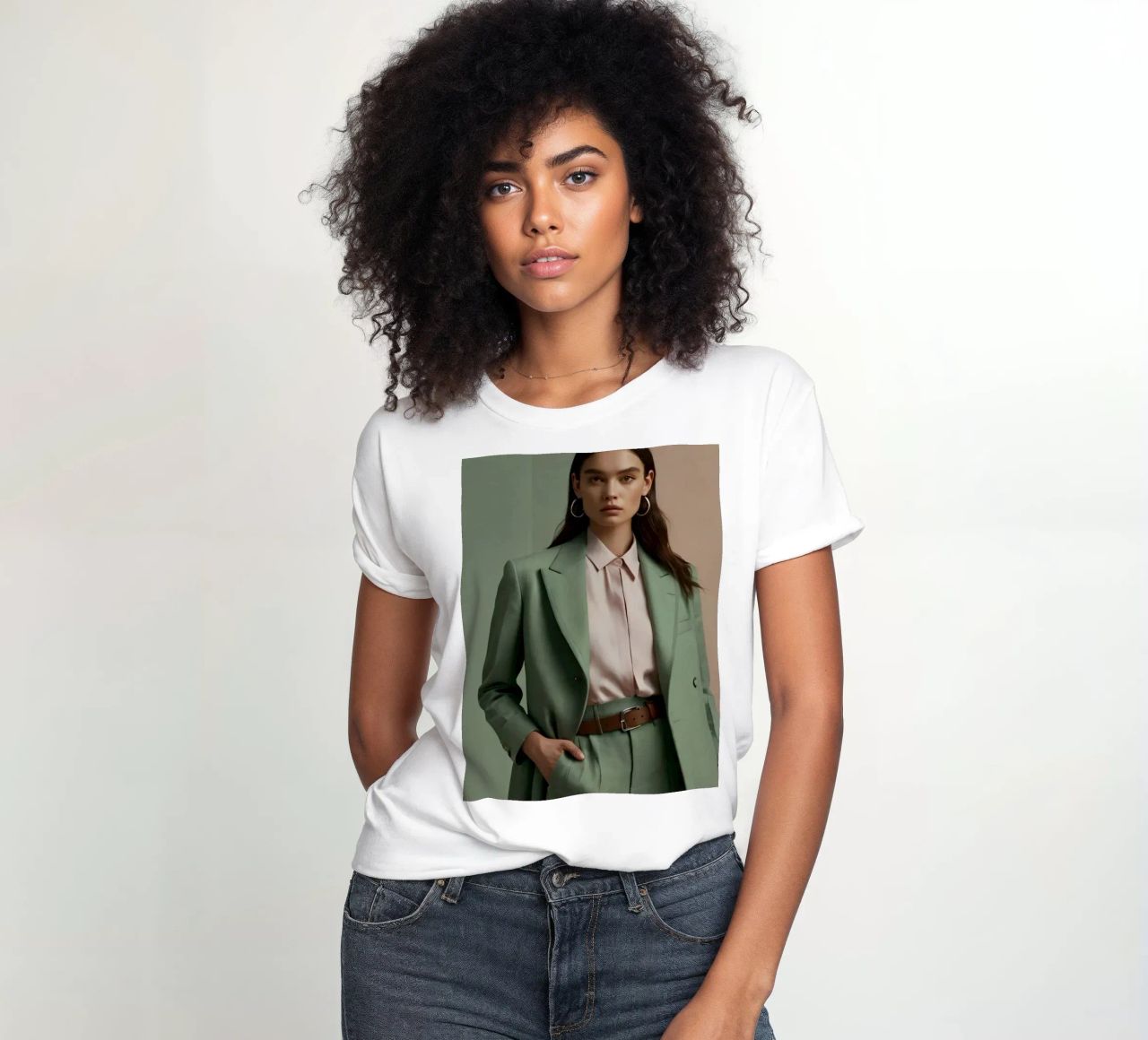 Modella elegante che indossa un abito verde con una camicetta rosa chiaro t-shirt da donna da DesignDoodle