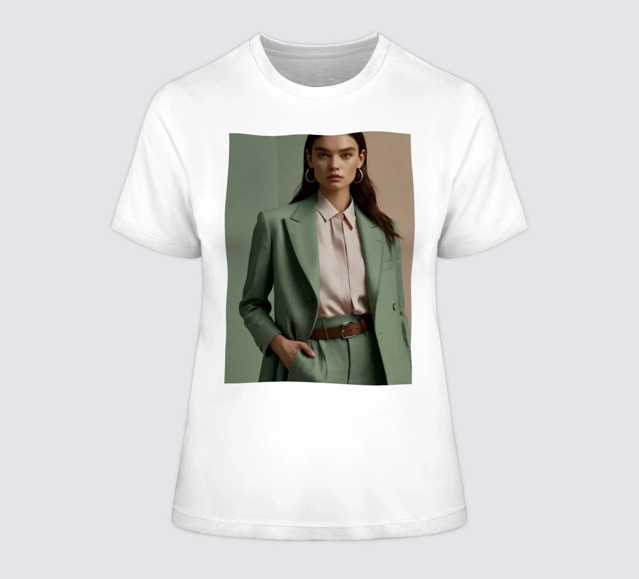 Modella elegante che indossa un abito verde con una camicetta rosa chiaro t-shirt da donna da DesignDoodle