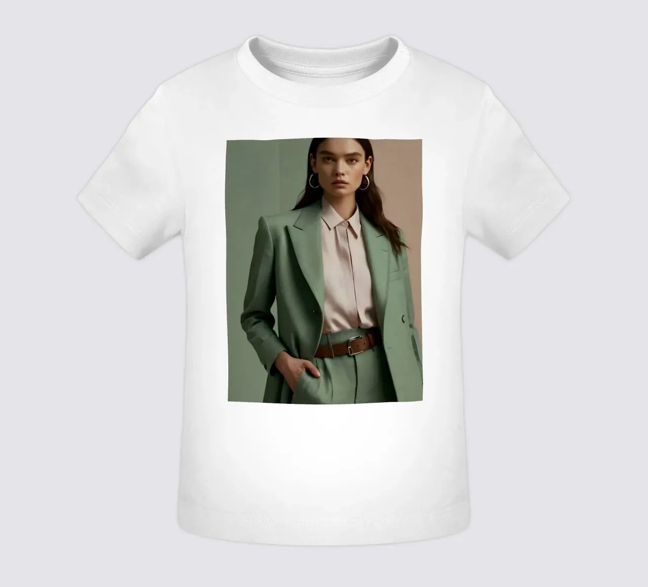 Modella elegante che indossa un abito verde con una camicetta rosa chiaro maglietta neonato da DesignDoodle