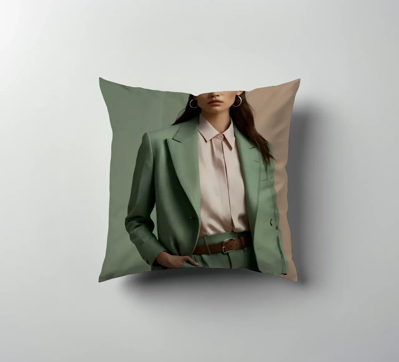 Modella elegante che indossa un abito verde con una camicetta rosa chiaro cuscino da DesignDoodle