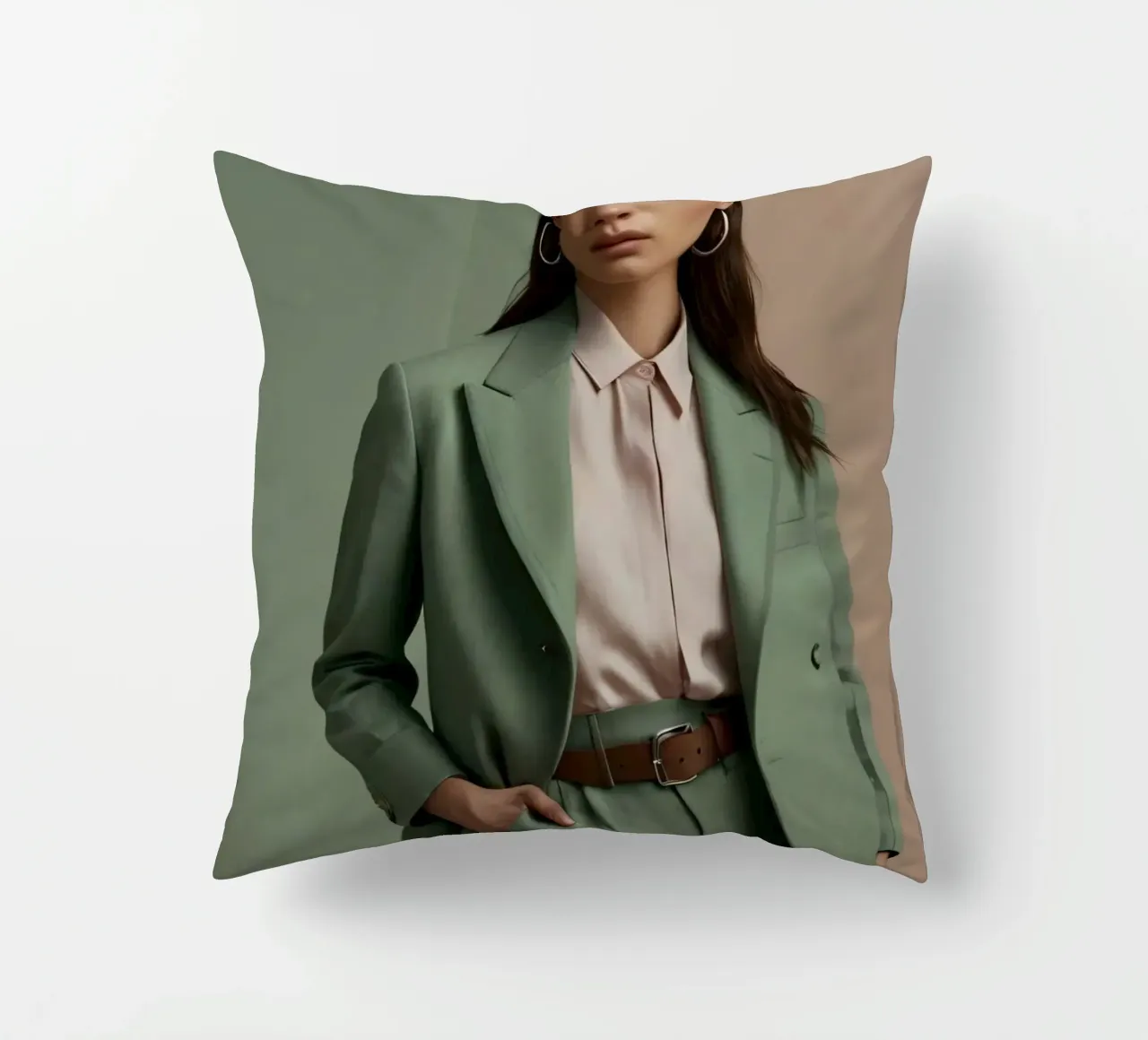 Modella elegante che indossa un abito verde con una camicetta rosa chiaro cuscino da DesignDoodle