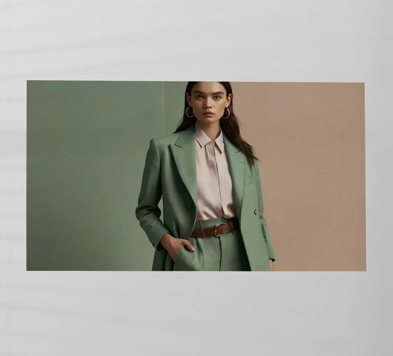 Modella elegante che indossa un abito verde con una camicetta rosa chiaro pellicola backlit da DesignDoodle