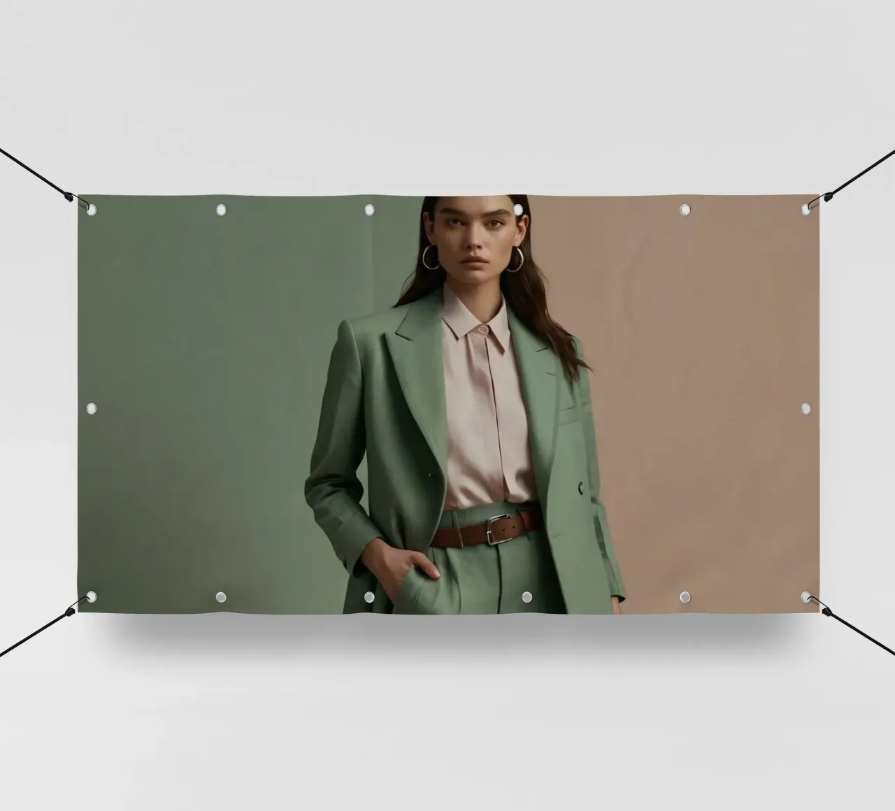 Modella elegante che indossa un abito verde con una camicetta rosa chiaro telo in pvc da DesignDoodle