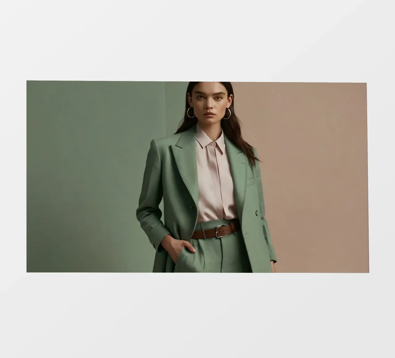 Modella elegante che indossa un abito verde con una camicetta rosa chiaro telo in pvc da DesignDoodle