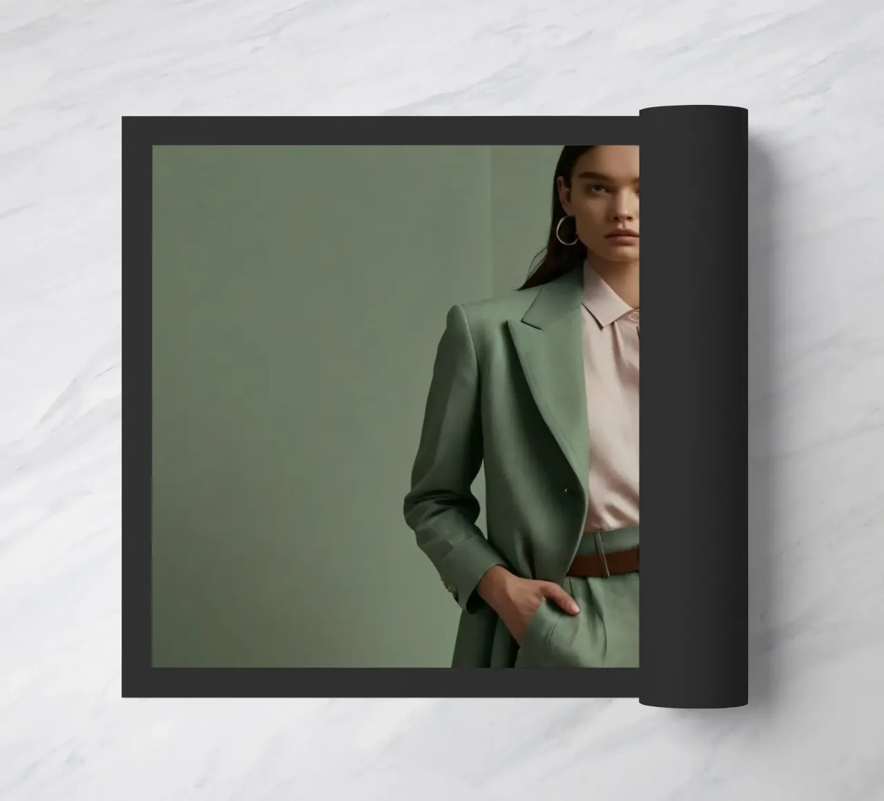 Modella elegante che indossa un abito verde con una camicetta rosa chiaro zerbino da DesignDoodle