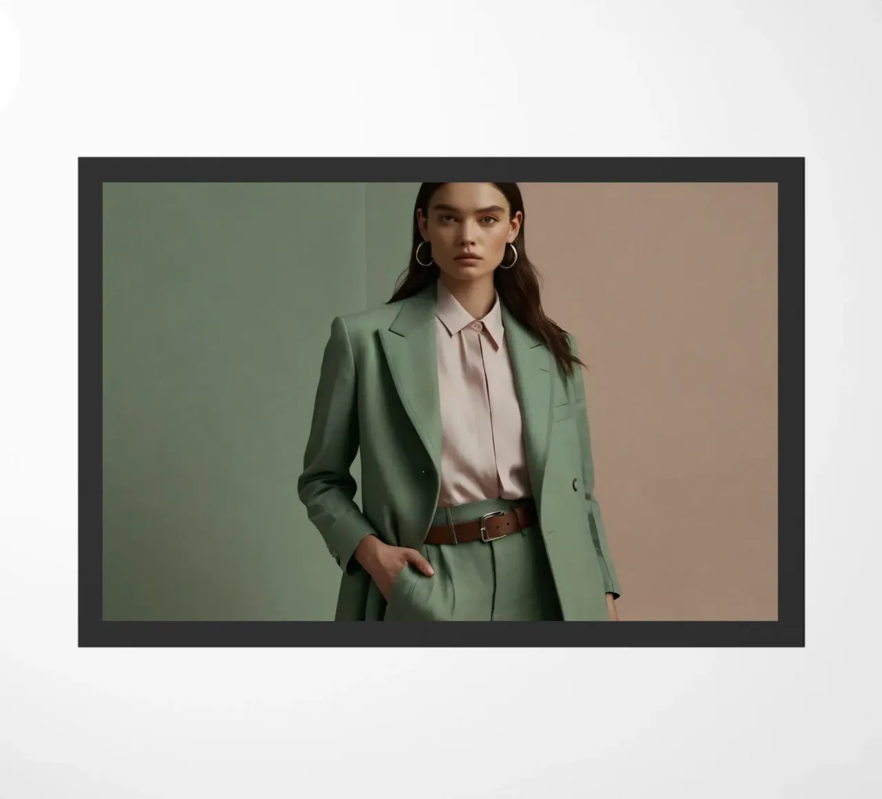 Modella elegante che indossa un abito verde con una camicetta rosa chiaro zerbino da DesignDoodle