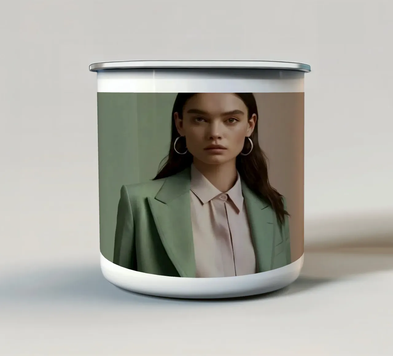 Elegante modelo con traje verde y blusa rosa claro taza de esmalte de DesignDoodle