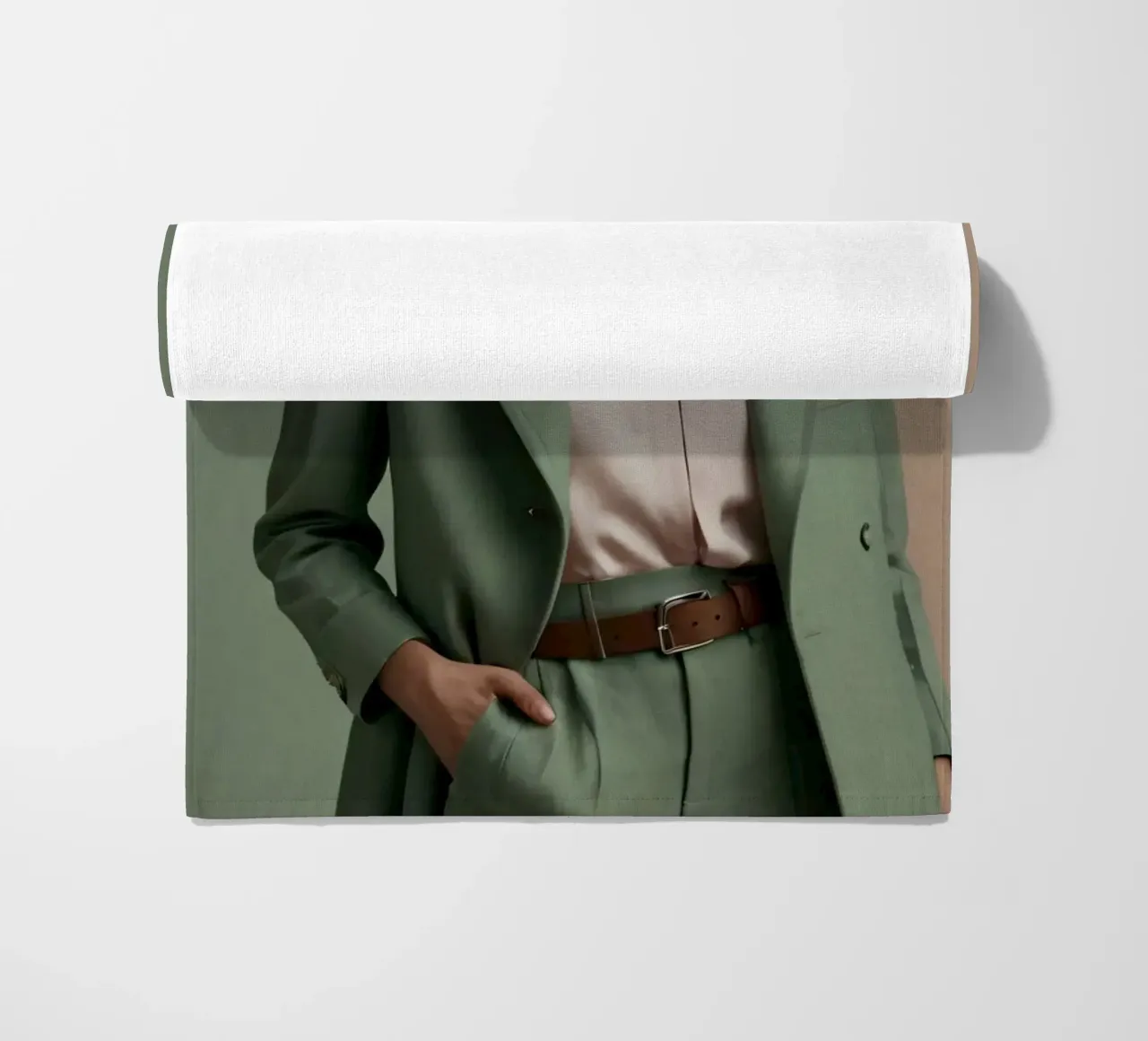 Modella elegante che indossa un abito verde con una camicetta rosa chiaro telo mare da DesignDoodle