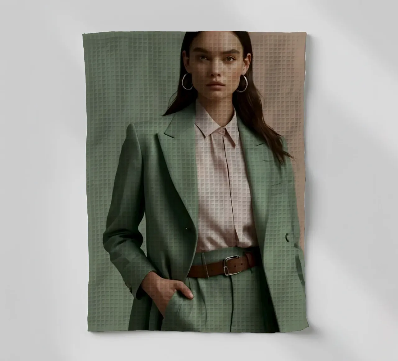 Modella elegante che indossa un abito verde con una camicetta rosa chiaro canovaccio da cucina da DesignDoodle
