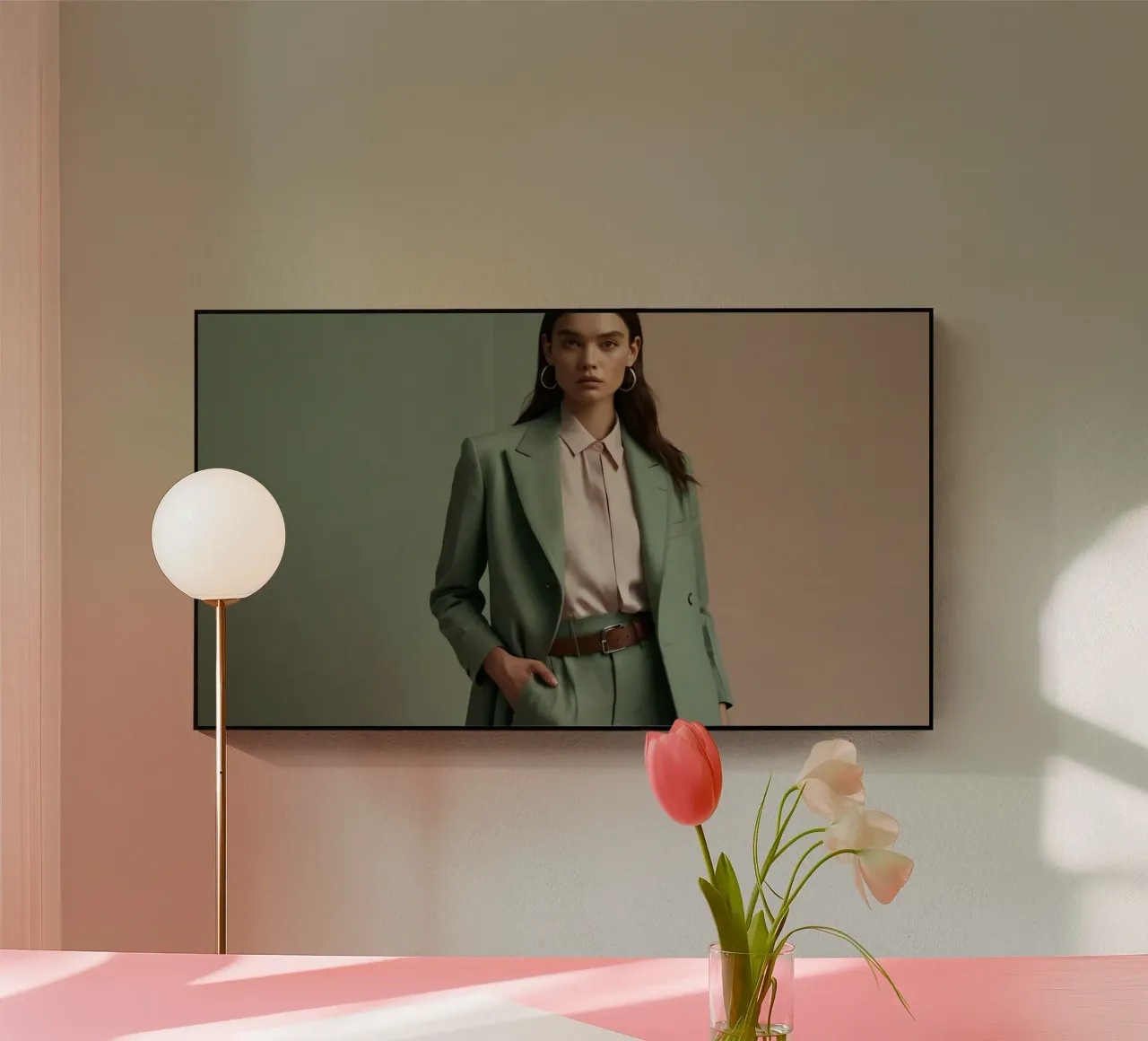 Modella elegante che indossa un abito verde con una camicetta rosa chiaro plexiglass da DesignDoodle
