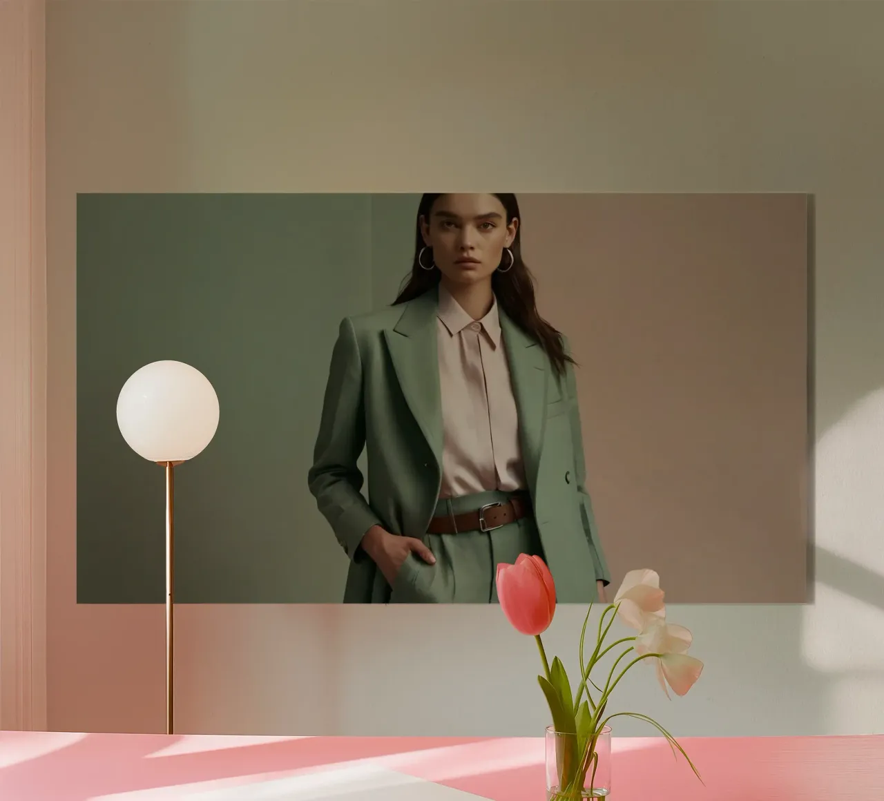 Modella elegante che indossa un abito verde con una camicetta rosa chiaro plexiglass da DesignDoodle