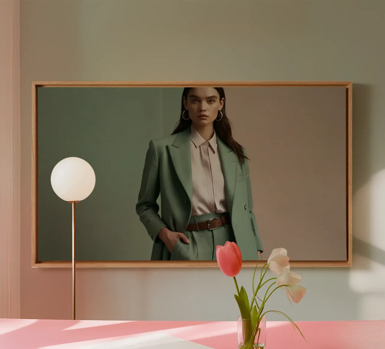 Elegant model in een groen pak met lichtroze blouse canvas met Baklijst van DesignDoodle