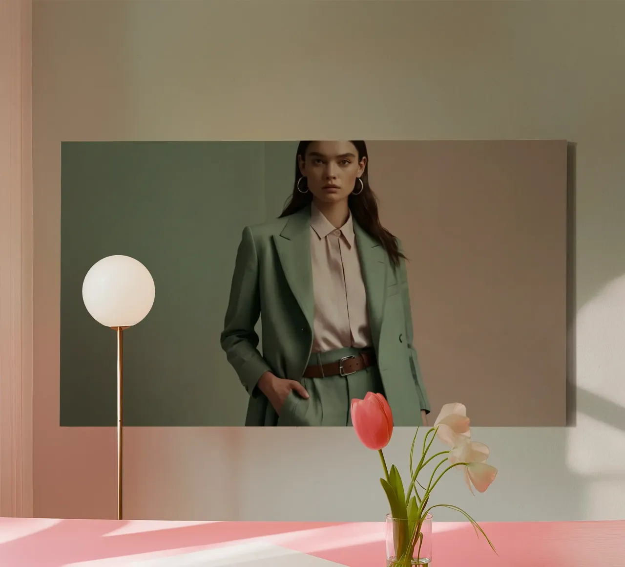 Elegant model in een groen pak met lichtroze blouse canvas met Baklijst van DesignDoodle