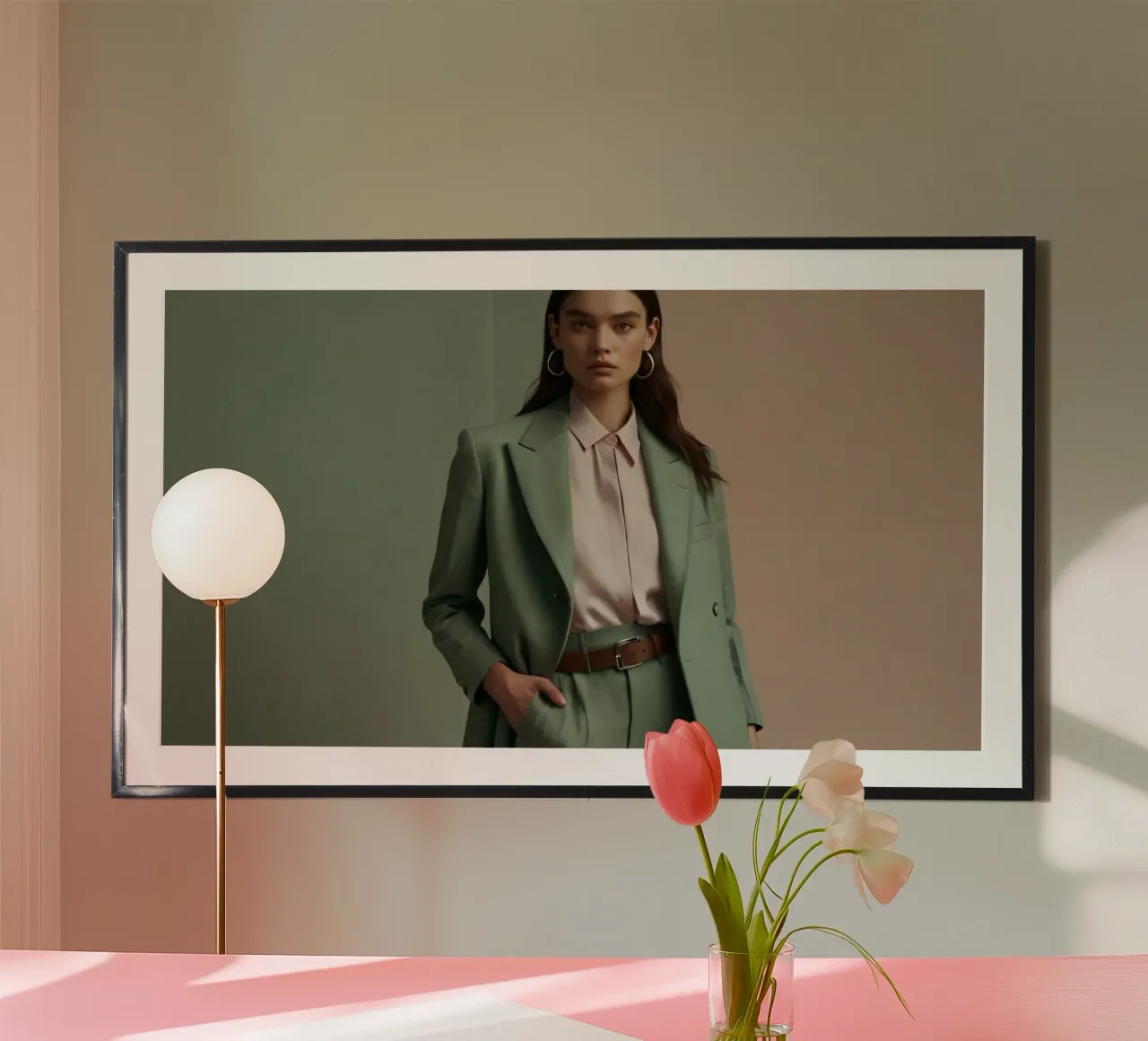 Modella elegante che indossa un abito verde con una camicetta rosa chiaro carta hahnemühle da DesignDoodle