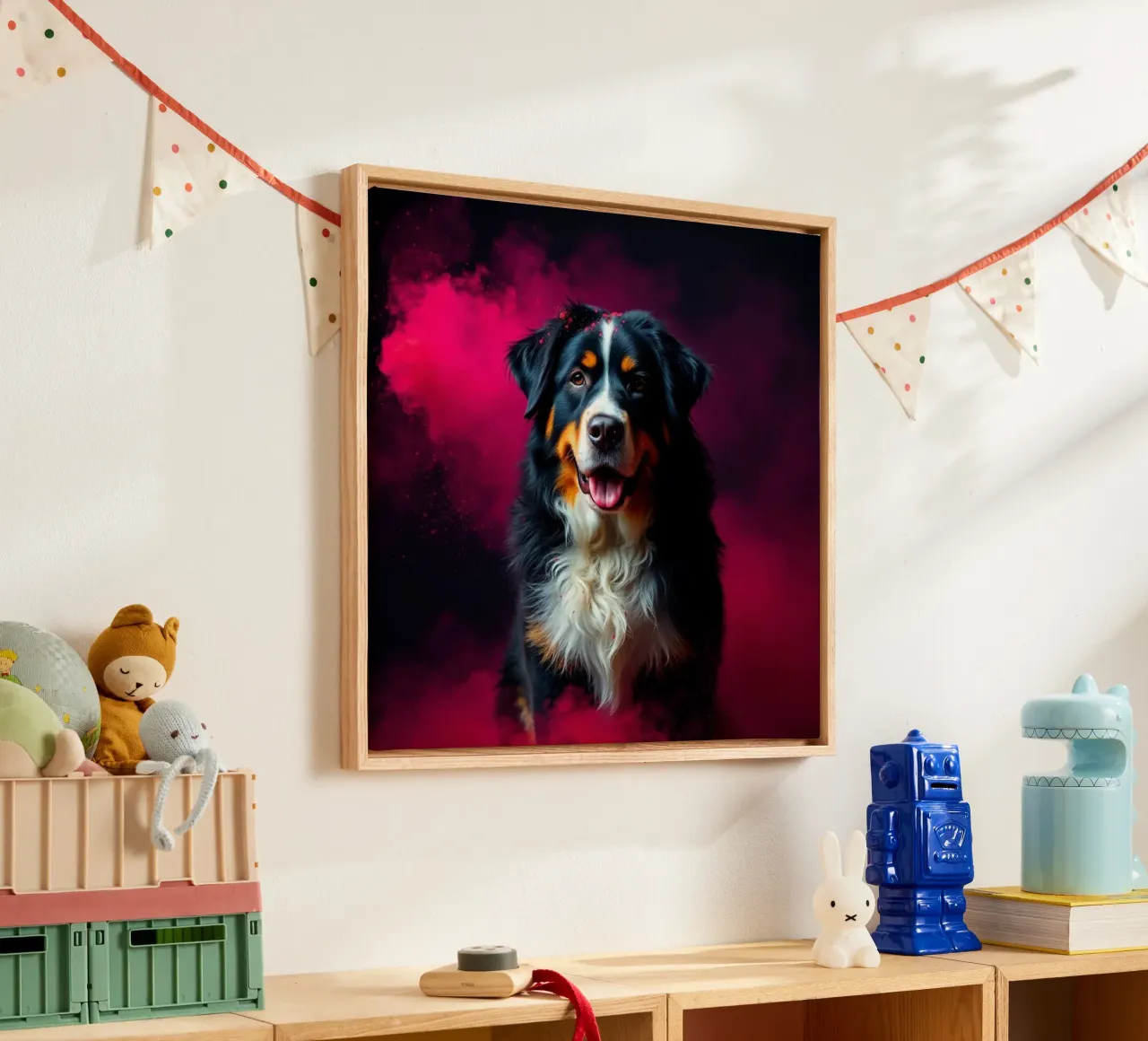 The colorful Bernese Mountain Dog #132 canvas with Floater frame by Yumis.Beargang.and.Me