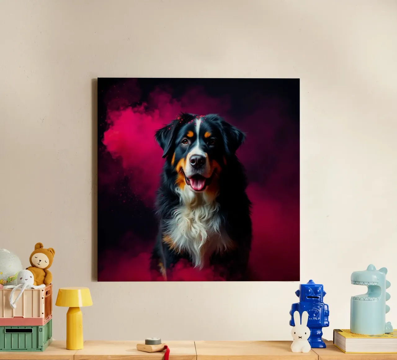 The colorful Bernese Mountain Dog #132 canvas with Floater frame by Yumis.Beargang.and.Me