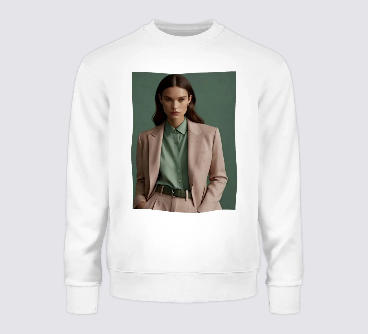 Eine junge Frau modelliert einen eleganten Anzug in einem minimalistischen Studio Sweatshirt von DesignDoodle