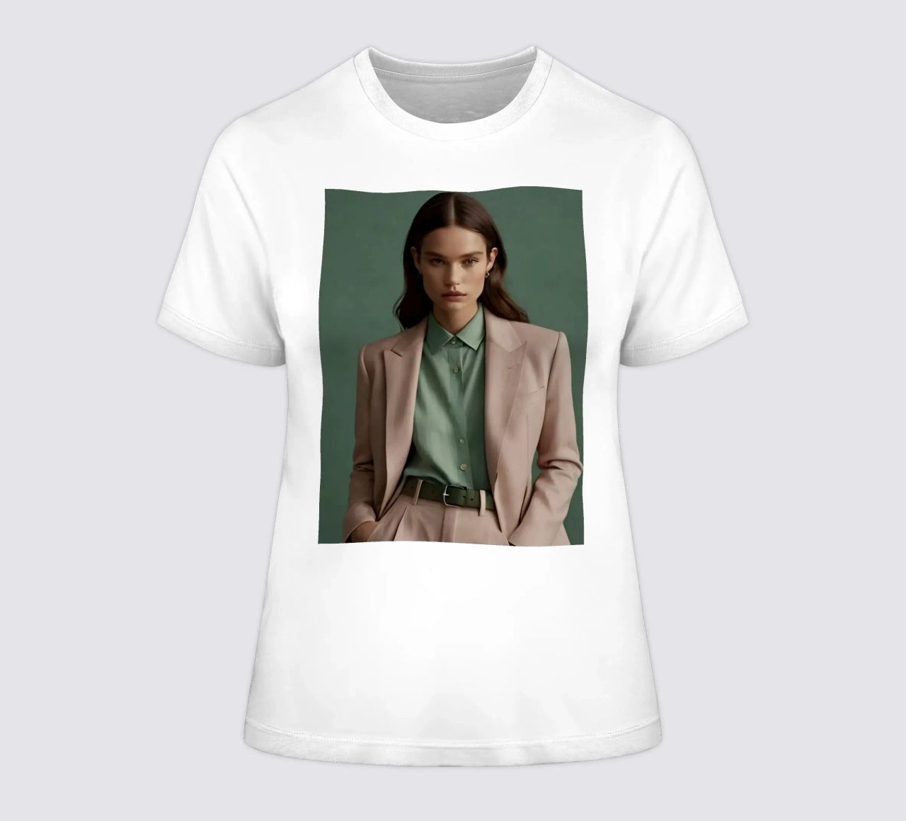 Una giovane donna modella un abito elegante in uno studio minimalista t-shirt da donna da DesignDoodle