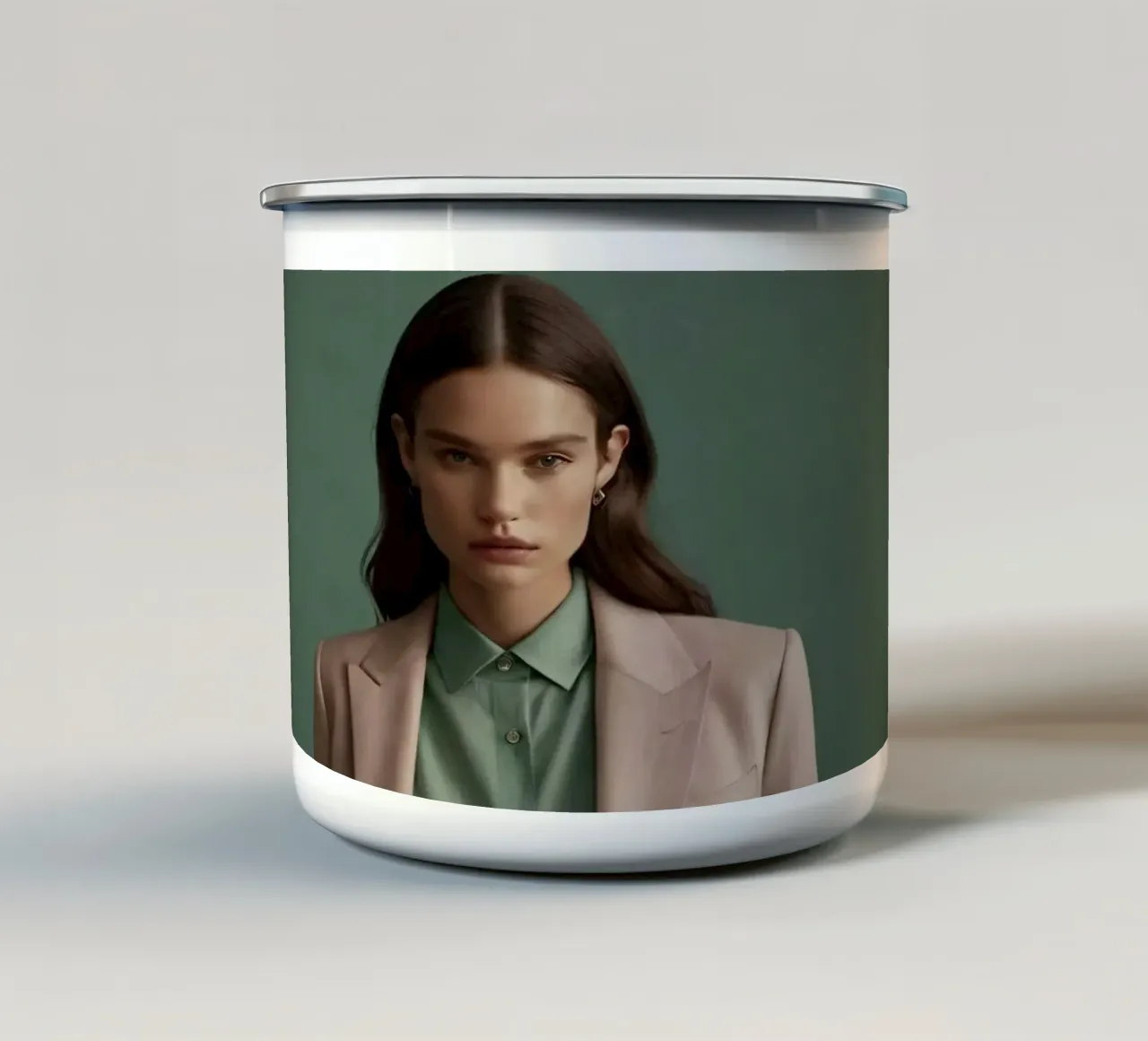 Una giovane donna modella un abito elegante in uno studio minimalista tazza in smalto da DesignDoodle