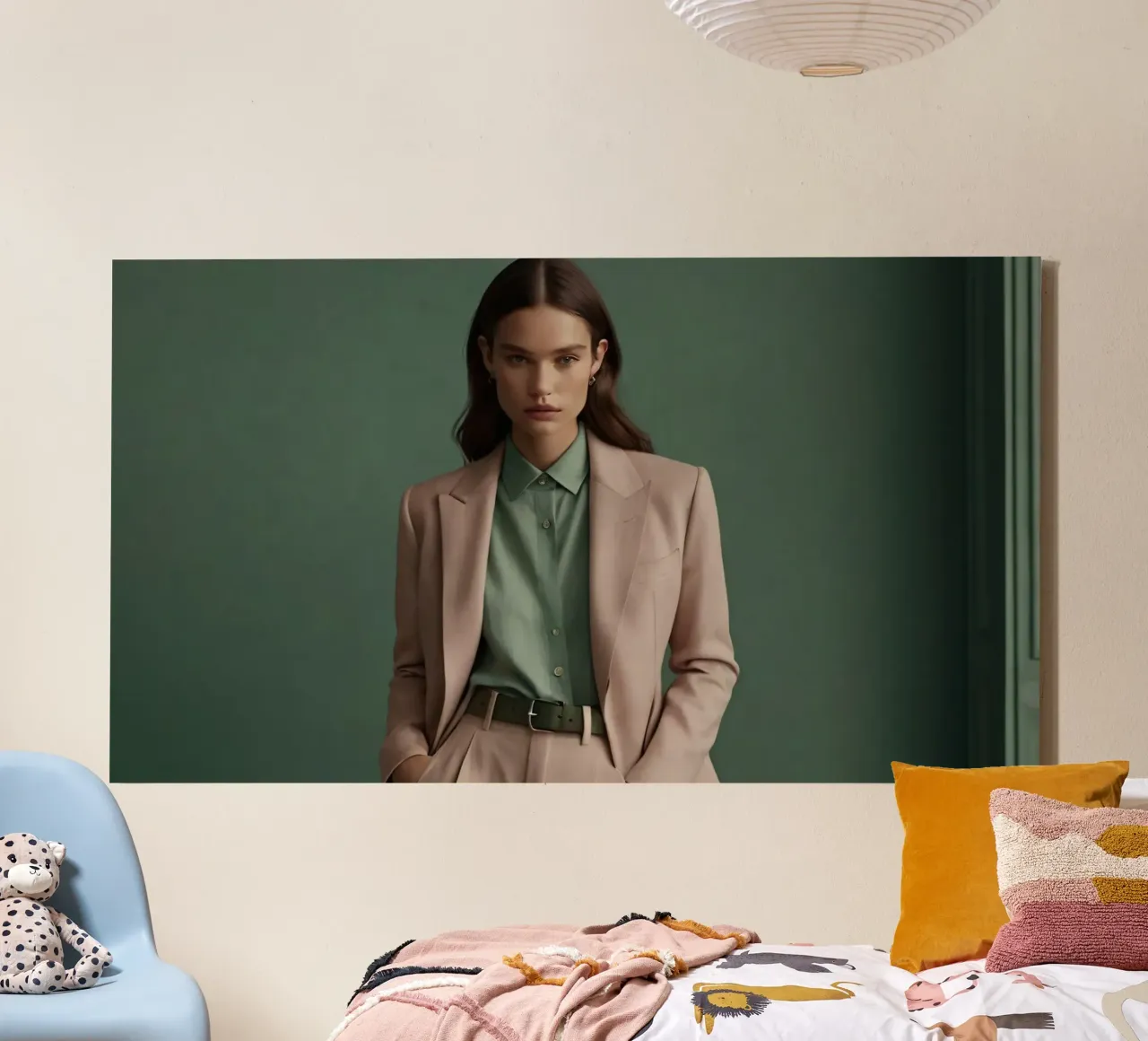 Una giovane donna modella un abito elegante in uno studio minimalista tela con Cornice a cassetta da DesignDoodle