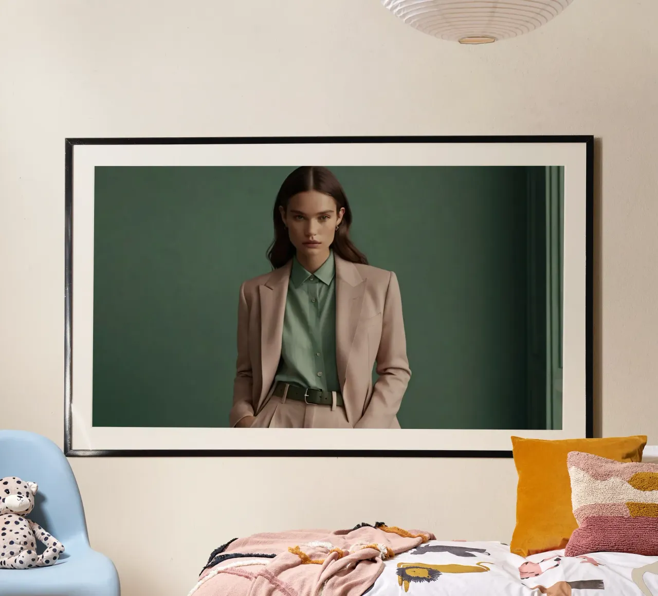 Una giovane donna modella un abito elegante in uno studio minimalista poster da DesignDoodle