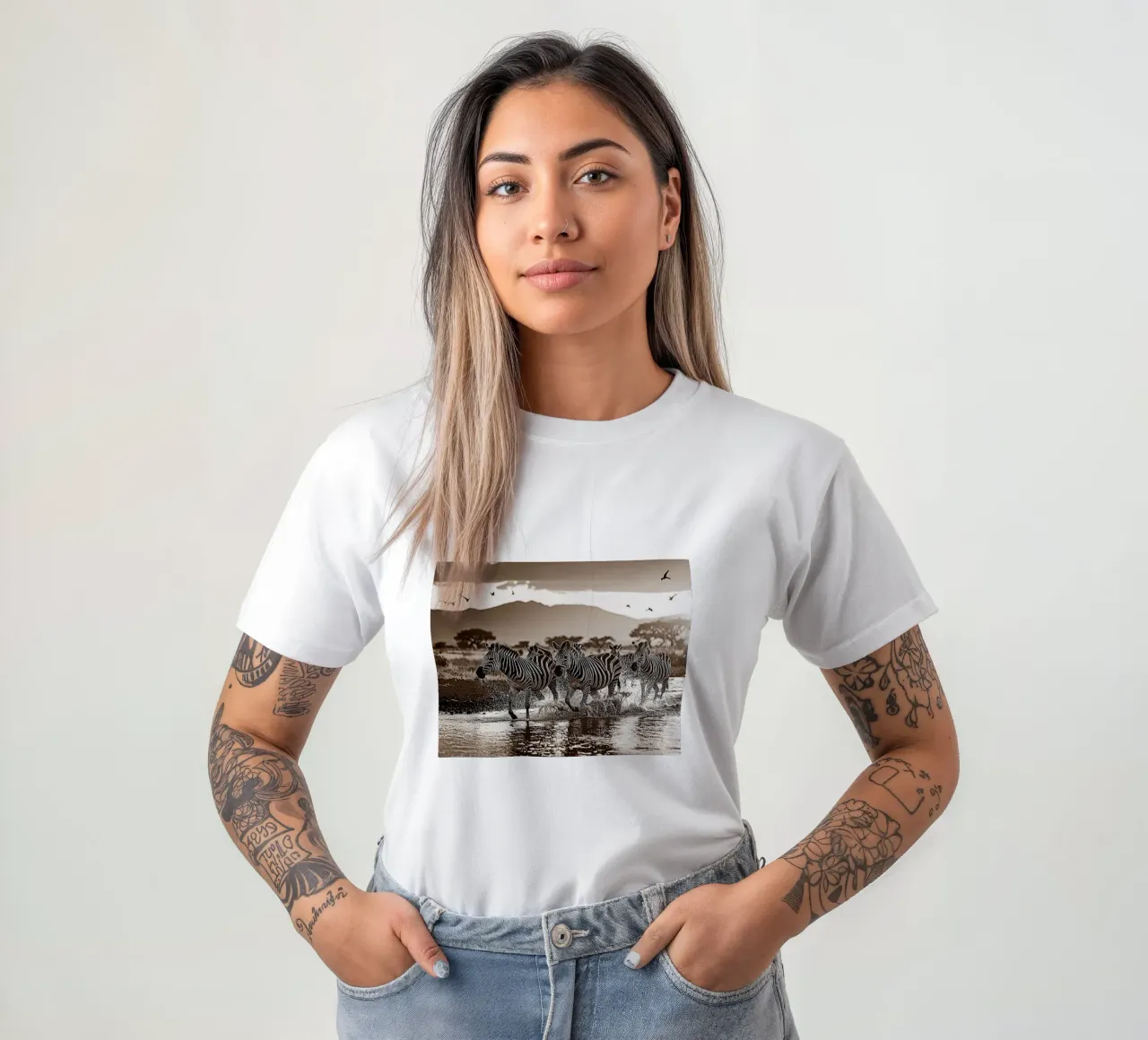 TROUPEAU DE ZEBRES. Sépia relief t-shirt by Thierry vobmann photography