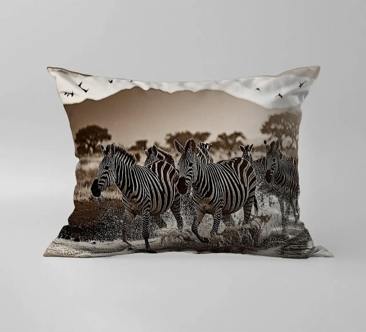 TROUPEAU DE ZEBRES. Sépia relief decorative cushion by Thierry vobmann photography