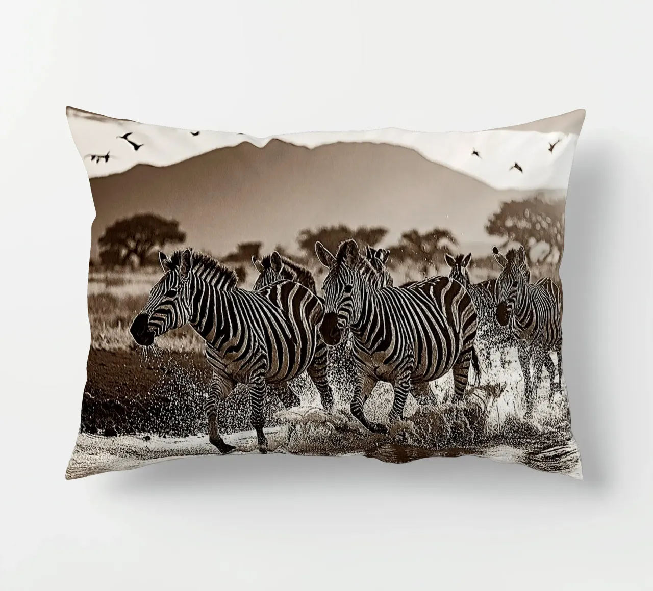 TROUPEAU DE ZEBRES. Sépia relief decorative cushion by Thierry vobmann photography