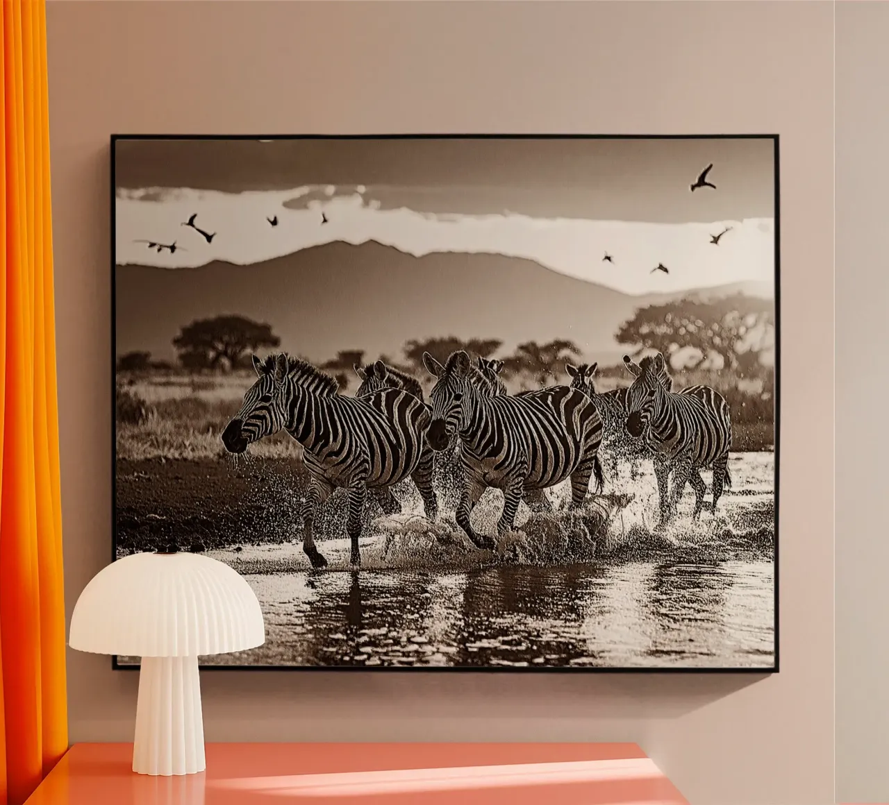 TROUPEAU DE ZEBRES. Sépia relief acrylic glass by Thierry vobmann photography