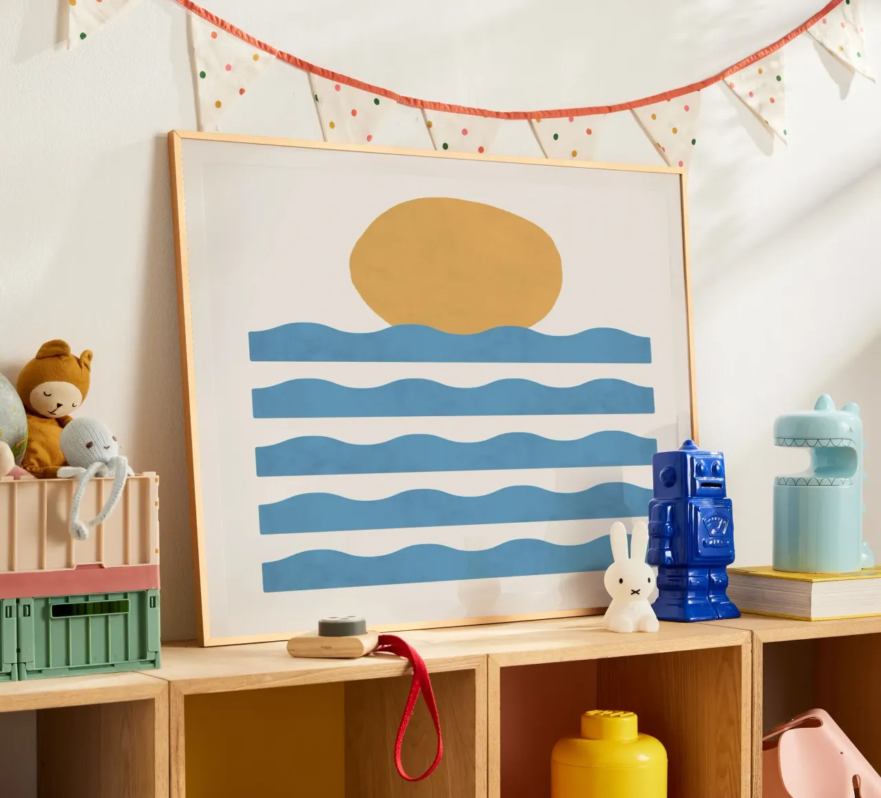 Zonsondergang oceaan, zonsondergang abstract, Abstract landschap, oceaan, la poster met houten frame van MoonlightPrint