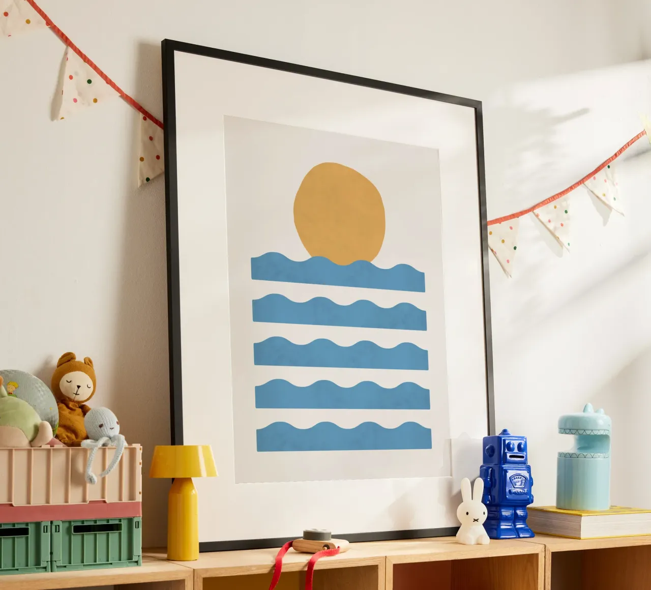Zonsondergang oceaan, zonsondergang abstract, Abstract landschap, oceaan, la poster met houten frame van MoonlightPrint