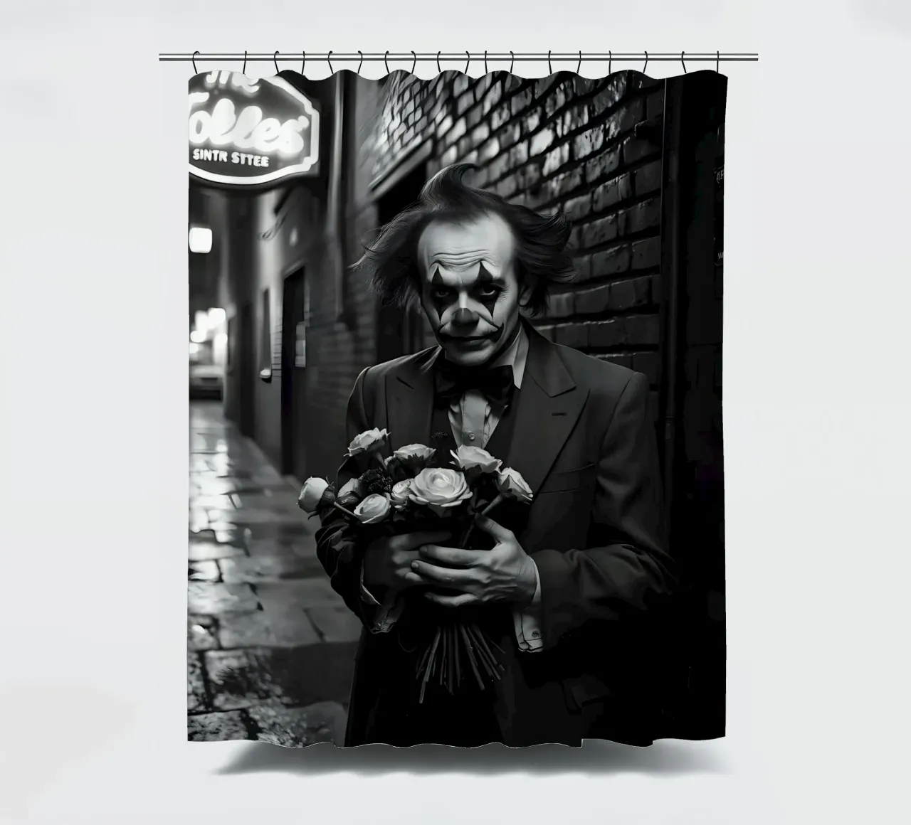 Melancholischer Clown mit verwelkten Blumen Duschvorhang von Anita's Dream