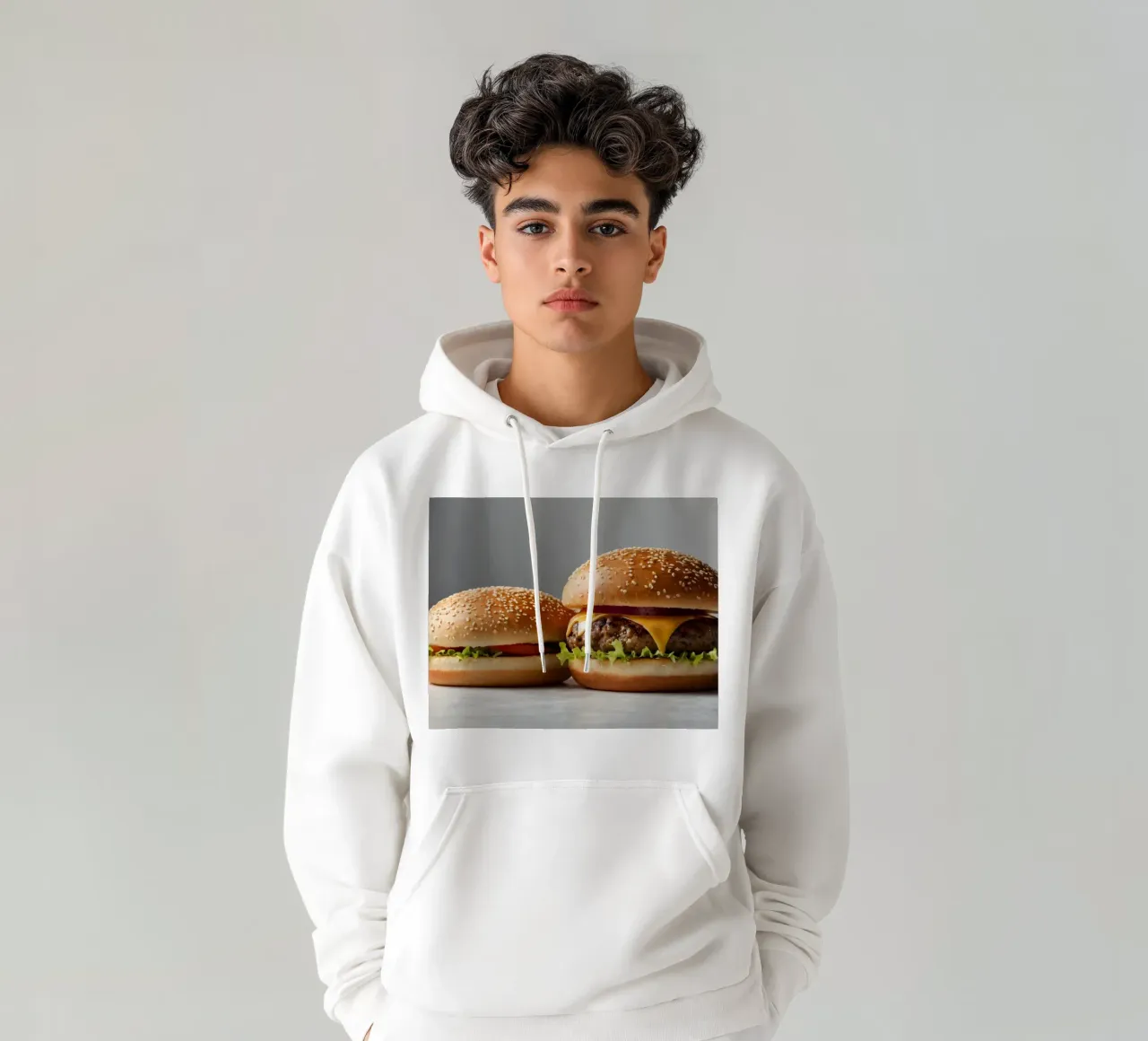 Delizioso cheeseburger e semplice hamburger su un piano di lavoro felpa con cappuccio da DesignDoodle