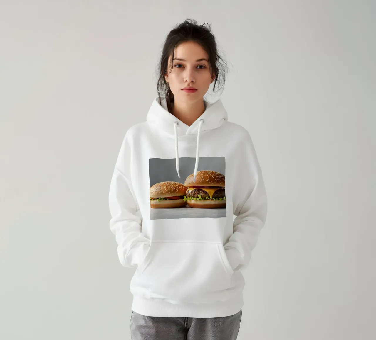 Delizioso cheeseburger e semplice hamburger su un piano di lavoro felpa con cappuccio da DesignDoodle