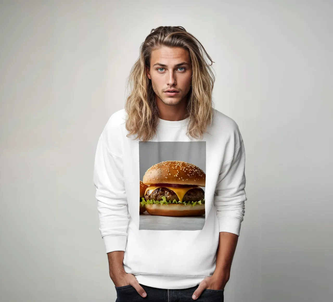 Delizioso cheeseburger e semplice hamburger su un piano di lavoro felpa da DesignDoodle