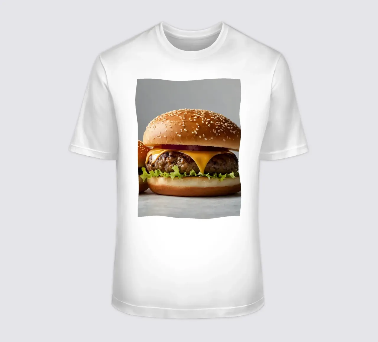 Delicious cheeseburger and simple hamburger on a countertop t-shirt by DesignDoodle