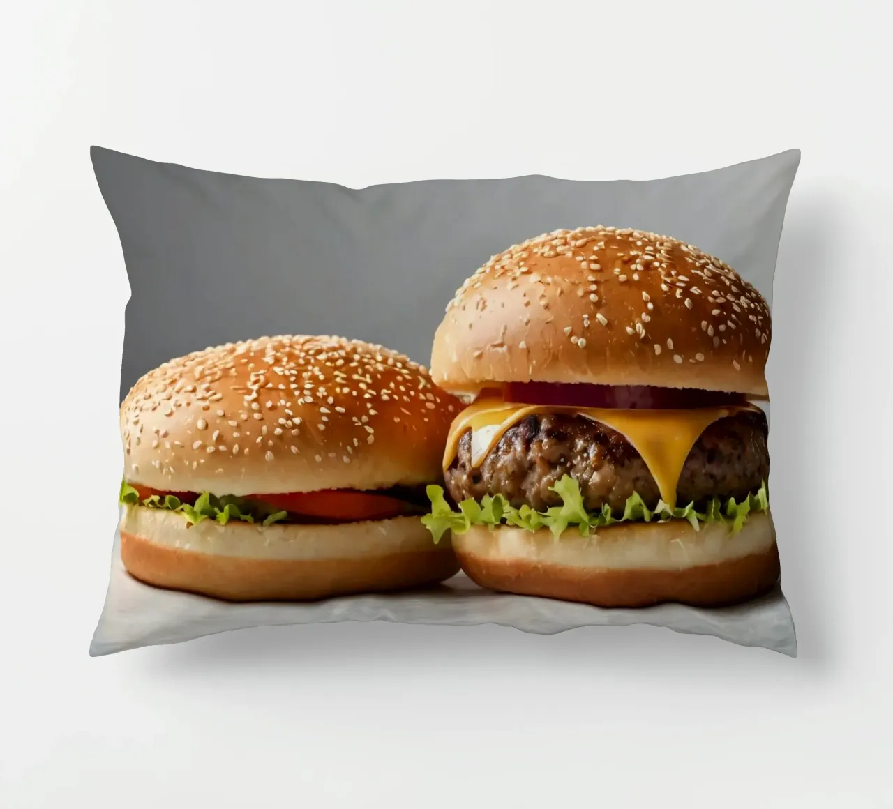 Delizioso cheeseburger e semplice hamburger su un piano di lavoro cuscino da DesignDoodle