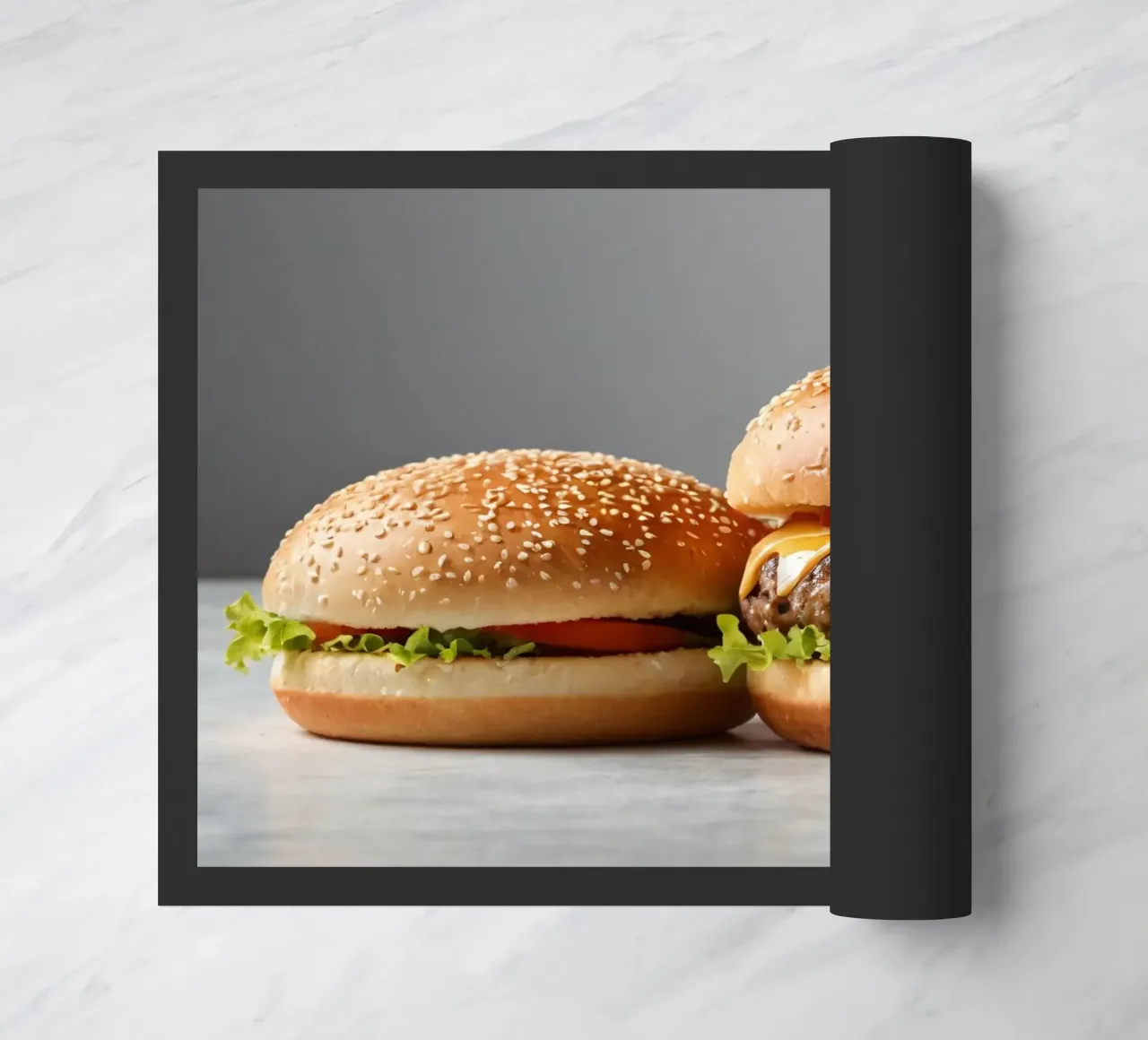 Delizioso cheeseburger e semplice hamburger su un piano di lavoro zerbino da DesignDoodle